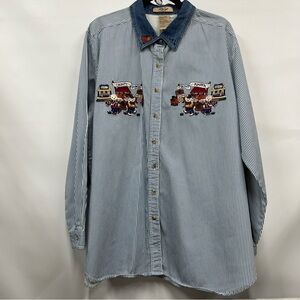 Blue White Stripe top Embroidery 22w/24w 100%cotton county pumpkin denim collar